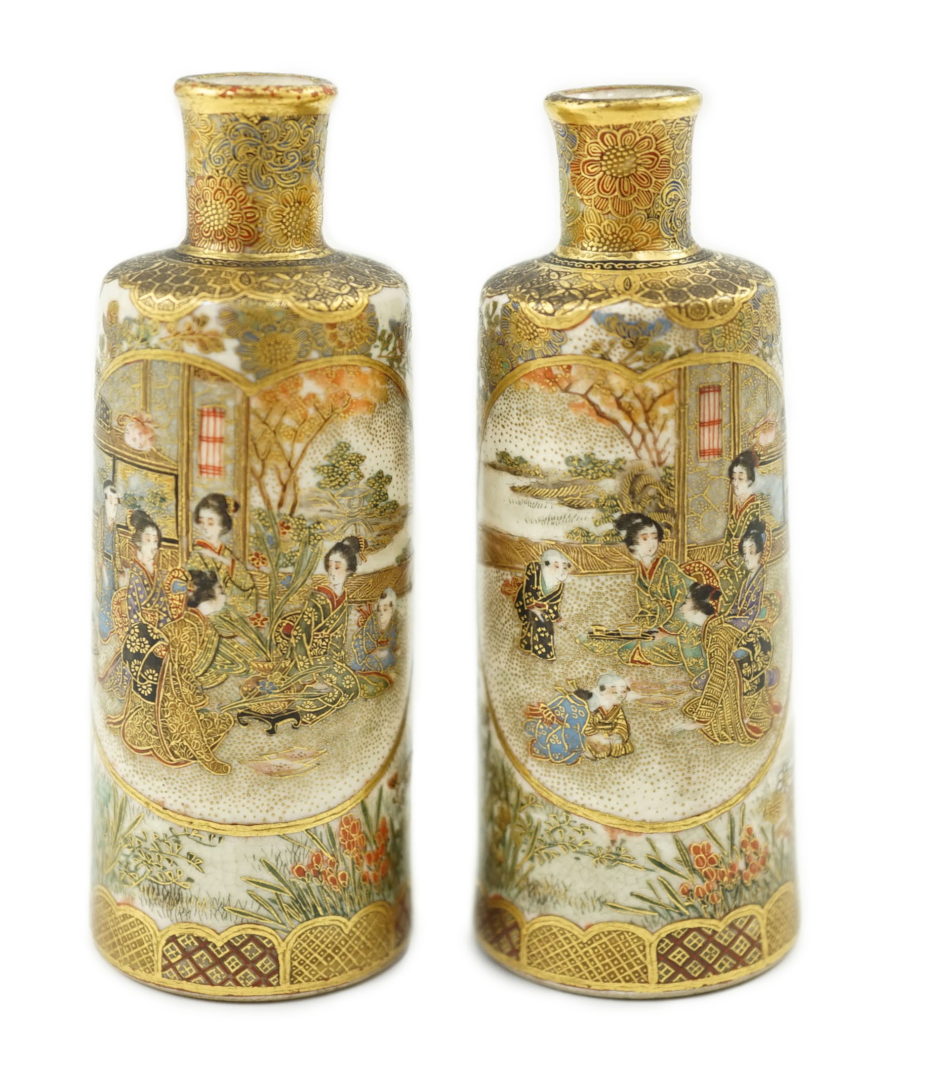 A pair of Japanese Satsuma miniature bottle vases, signed ‘Hankinzan Do’, Meiji period, 7.7cm high